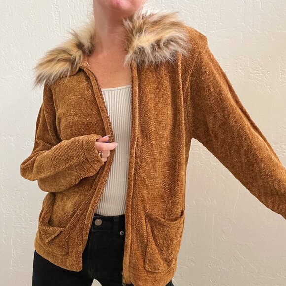 Vintage Sweaters - Vintage 1990's Tan Chenille Knit Fur Collar Zip Up Sweater